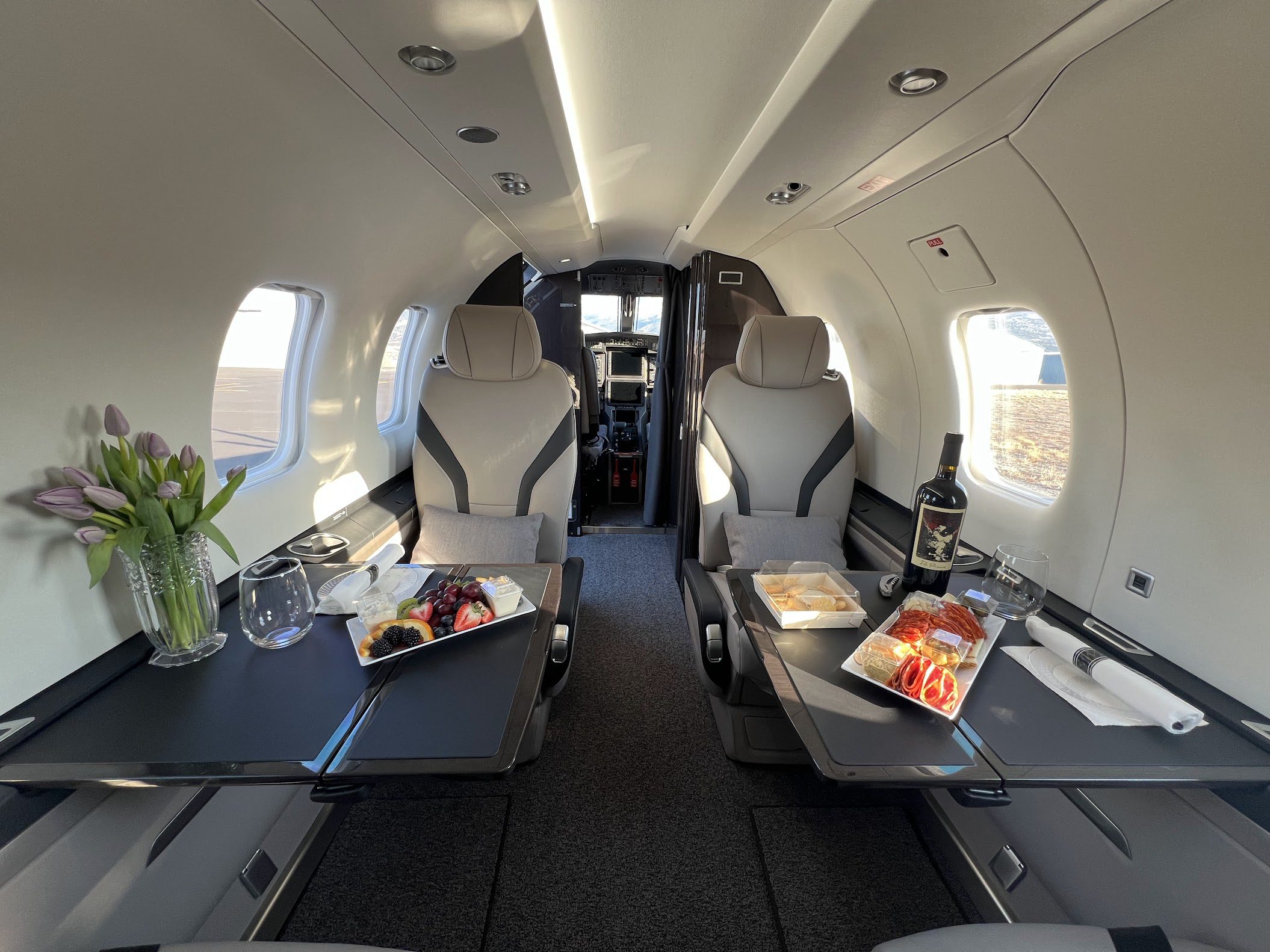 Private jet interior with gourmet meal