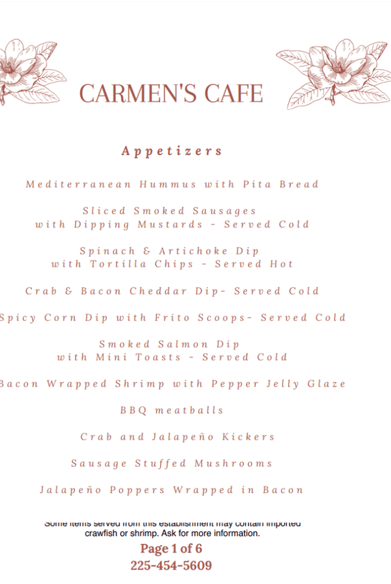 Carmen's Cafe appetizer menu overview page.
