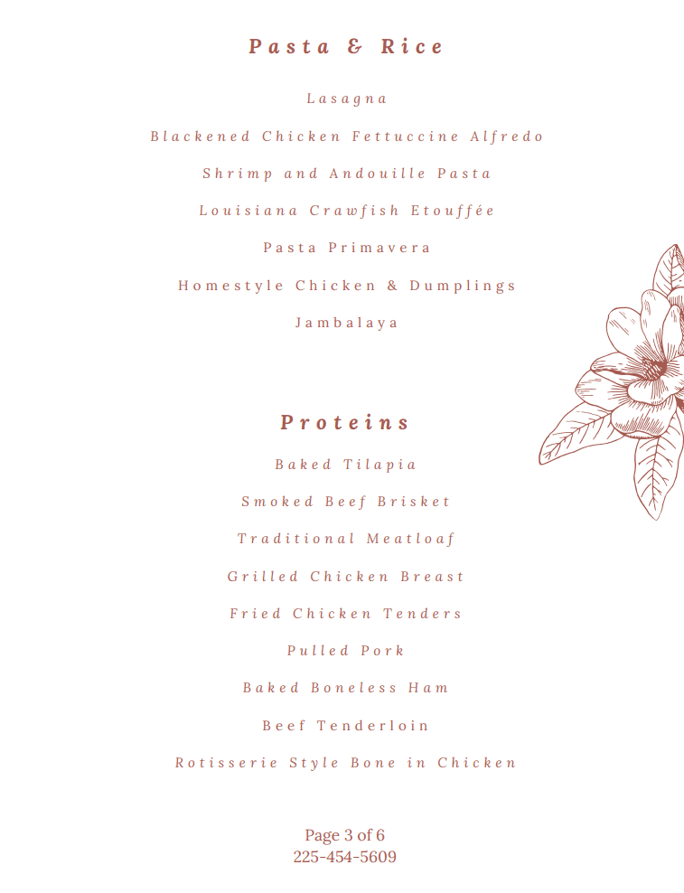 Menu page with pasta, rice, and proteins.