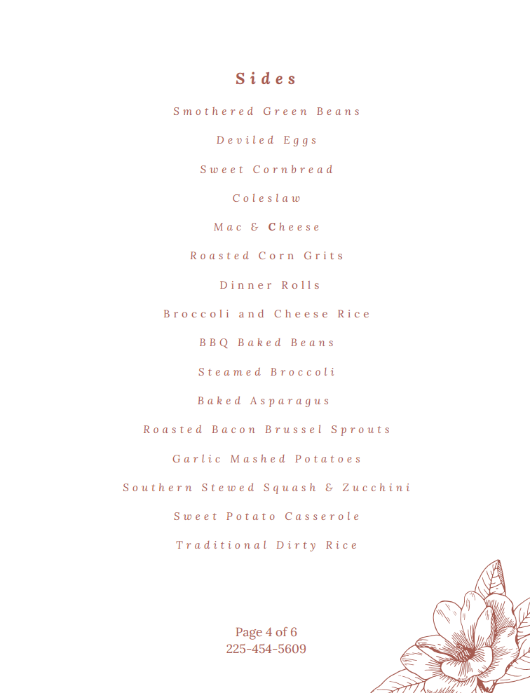 Menu of various side dishes with flowers.