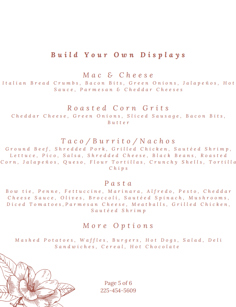 Menu options for various customizable dishes.