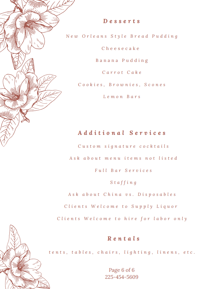 Dessert menu with additional services and rentals.