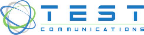 Logo of Test Communications with abstract design.