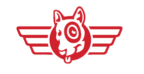 Dog with wings logo in red outline.